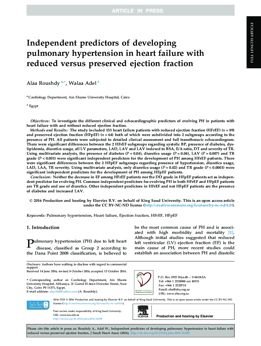 Independent predictors of developing pulmonary hypertension in heart failure with reduced versus preserved ejection fraction