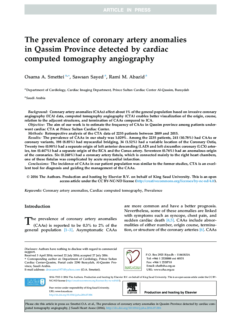 The prevalence of coronary artery anomalies in Qassim Province detected by cardiac computed tomography angiography