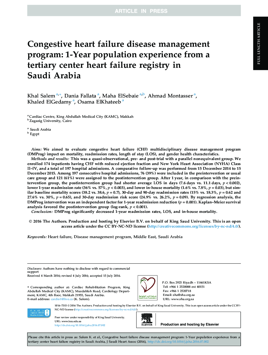 Congestive heart failure disease management program: 1-Year population experience from a tertiary center heart failure registry in Saudi Arabia