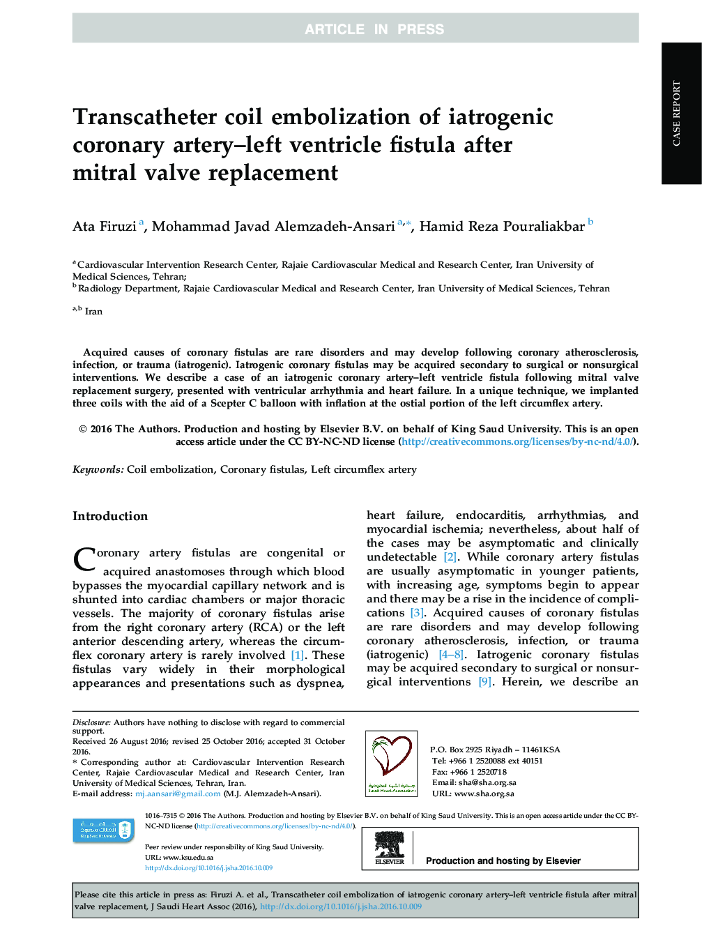 Transcatheter coil embolization of iatrogenic coronary artery-left ventricle fistula after mitral valve replacement