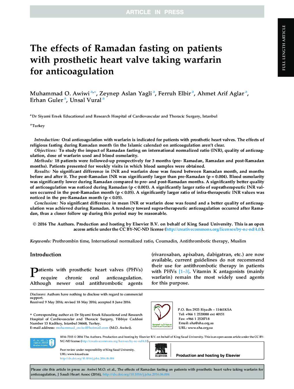 The effects of Ramadan fasting on patients with prosthetic heart valve taking warfarin for anticoagulation