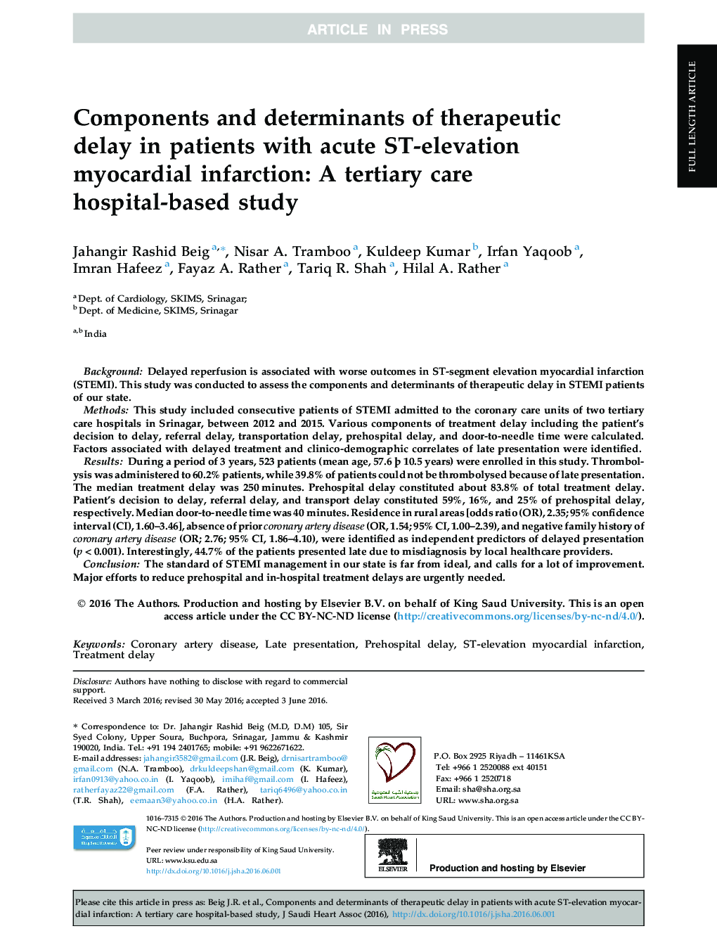 Components and determinants of therapeutic delay in patients with acute ST-elevation myocardial infarction: A tertiary care hospital-based study