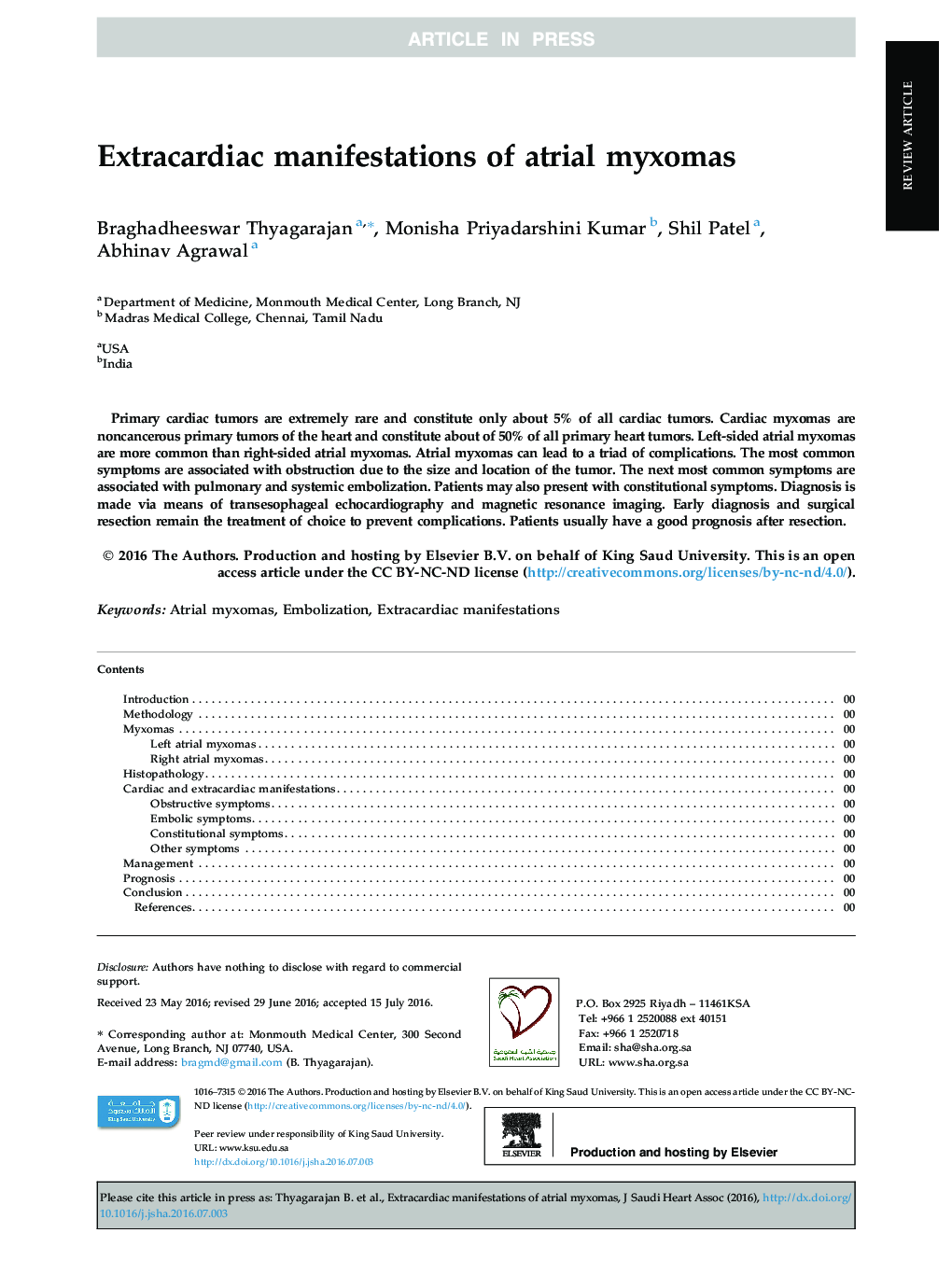 Extracardiac manifestations of atrial myxomas