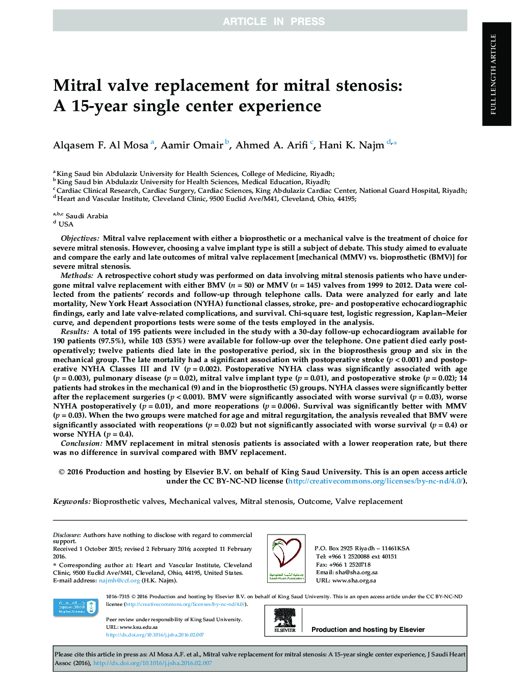 Mitral valve replacement for mitral stenosis: A 15-year single center experience