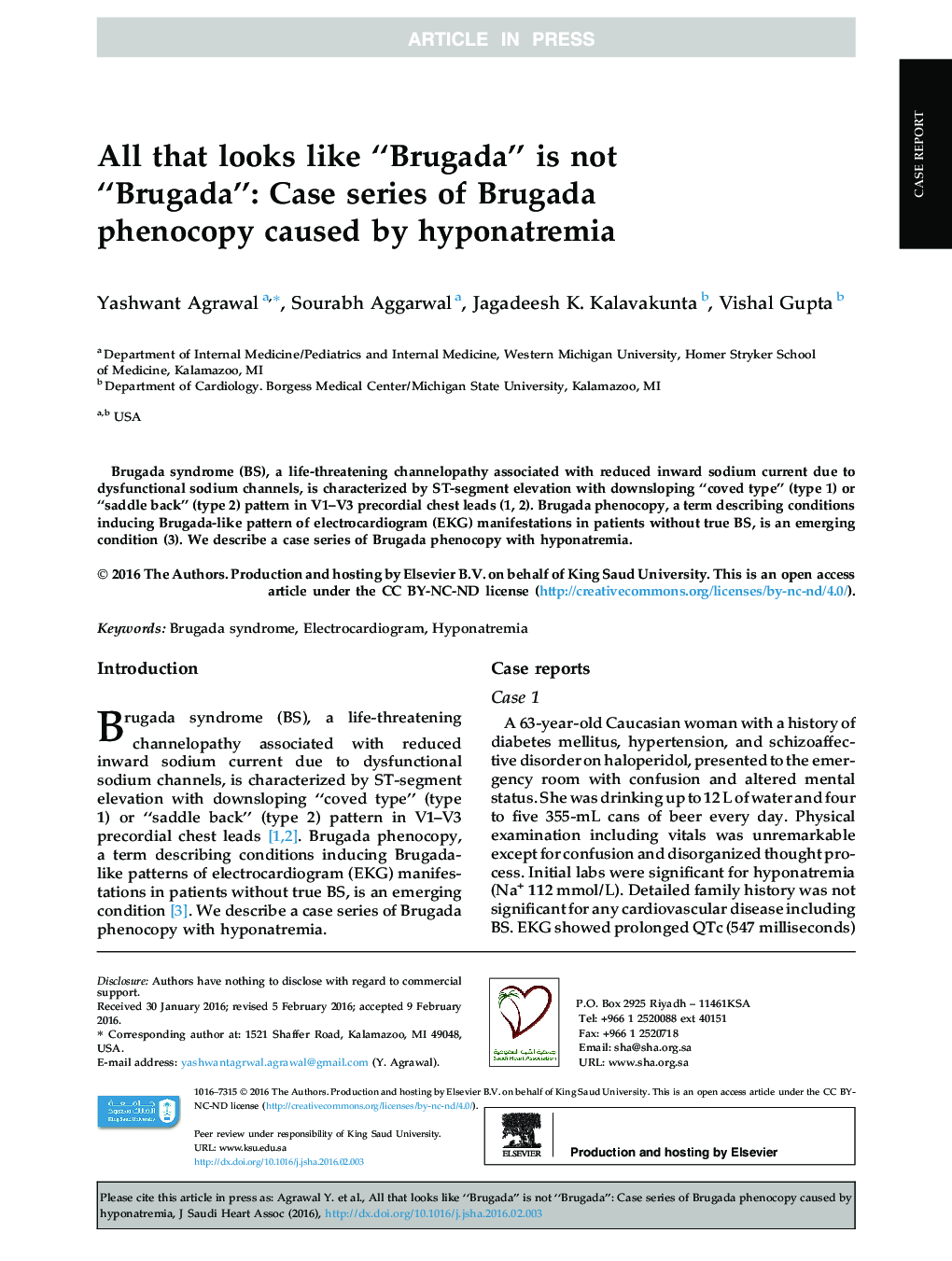 All that looks like “Brugada” is not “Brugada”: Case series of Brugada phenocopy caused by hyponatremia