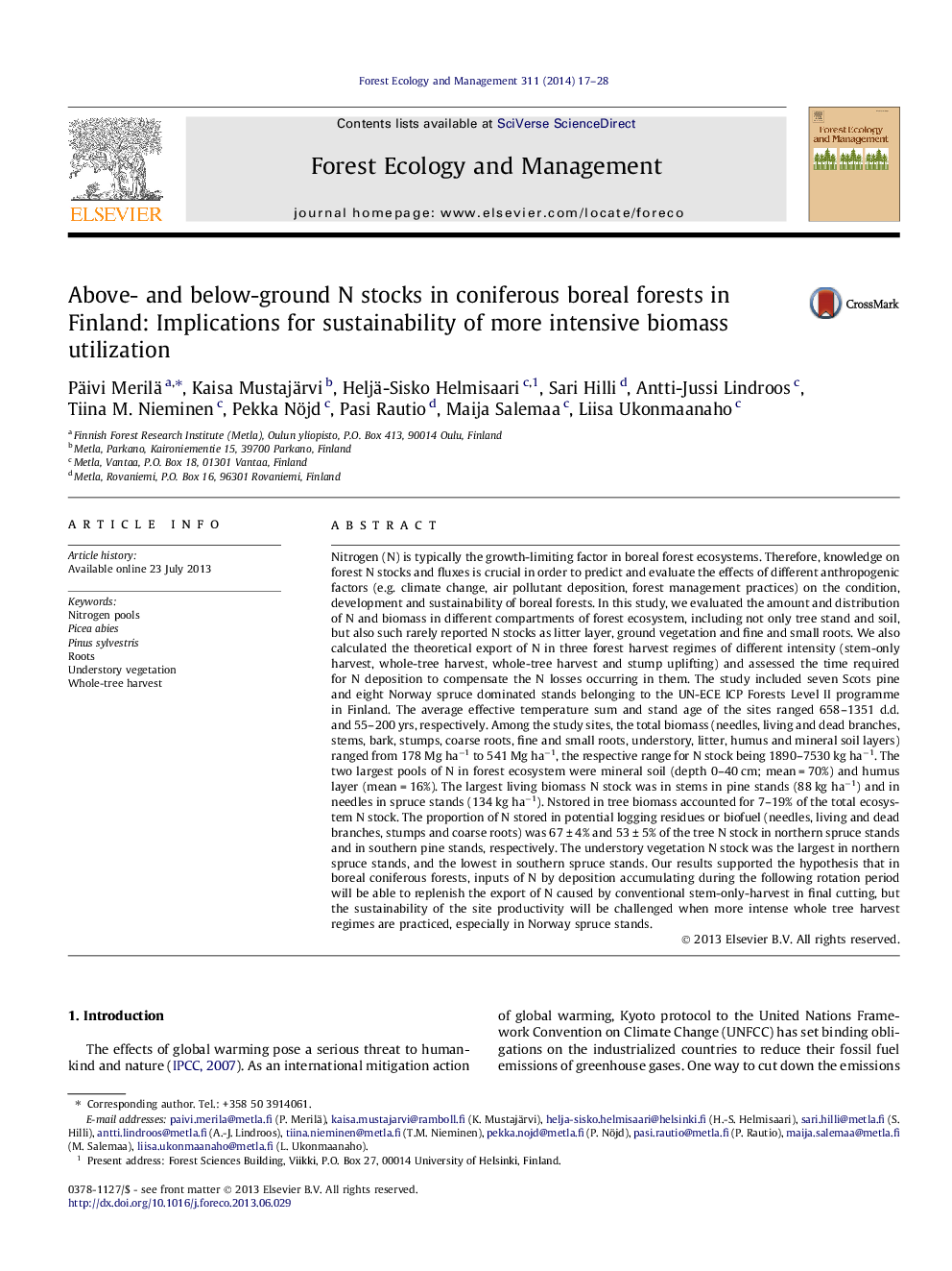 Above- and below-ground N stocks in coniferous boreal forests in Finland: Implications for sustainability of more intensive biomass utilization