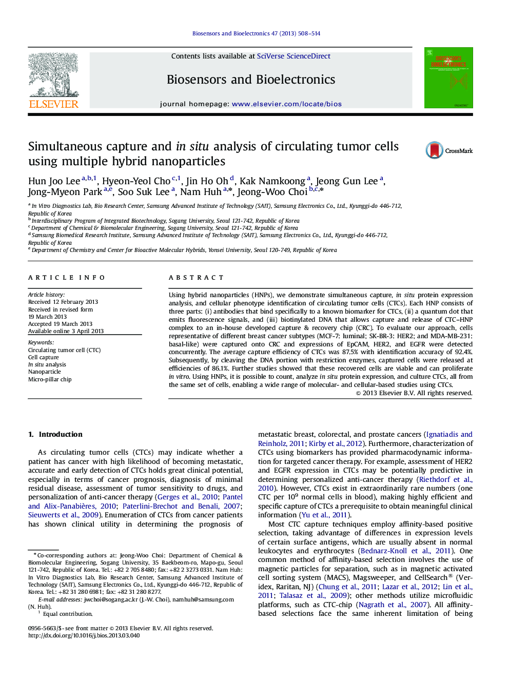 Simultaneous capture and in situ analysis of circulating tumor cells using multiple hybrid nanoparticles