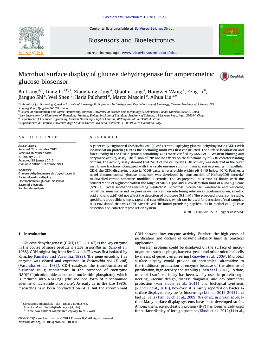 Microbial surface display of glucose dehydrogenase for amperometric glucose biosensor