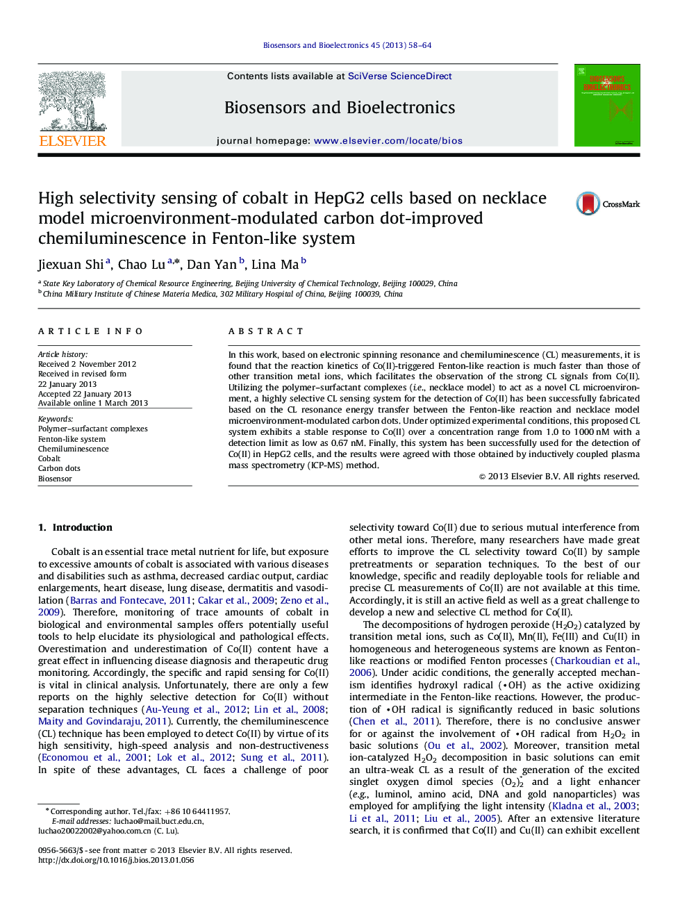 High selectivity sensing of cobalt in HepG2 cells based on necklace model microenvironment-modulated carbon dot-improved chemiluminescence in Fenton-like system