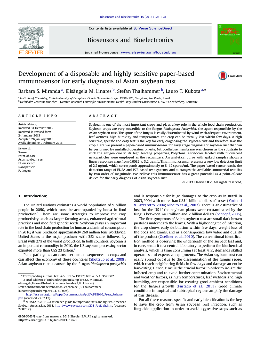 Development of a disposable and highly sensitive paper-based immunosensor for early diagnosis of Asian soybean rust