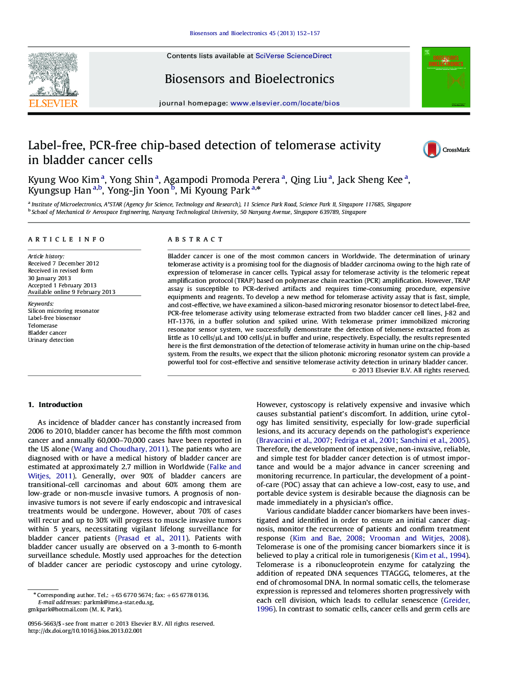 Label-free, PCR-free chip-based detection of telomerase activity in bladder cancer cells