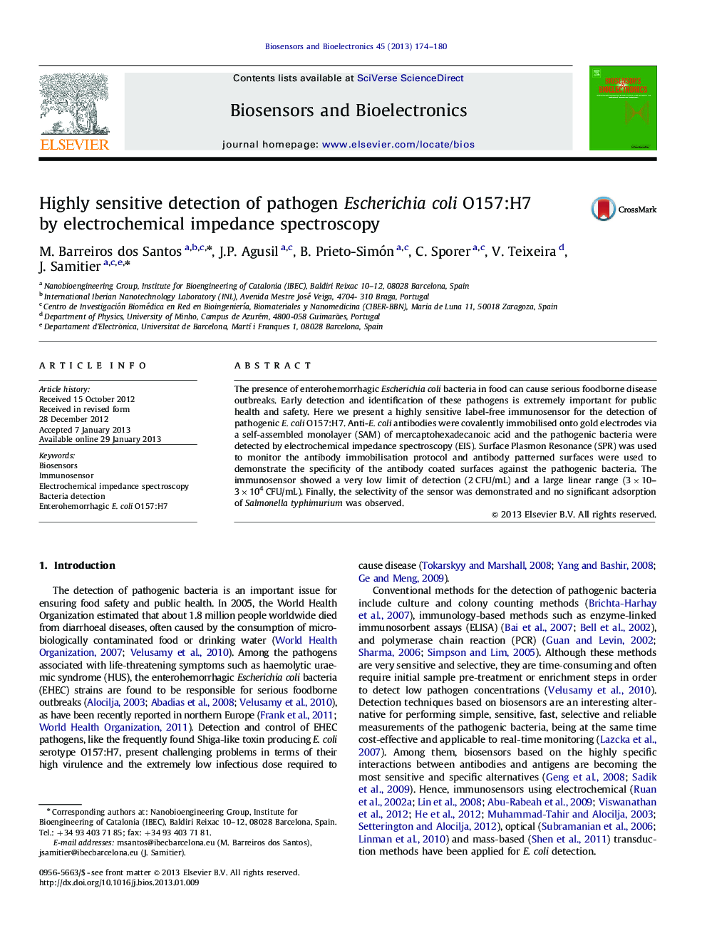 Highly sensitive detection of pathogen Escherichia coli O157:H7 by electrochemical impedance spectroscopy