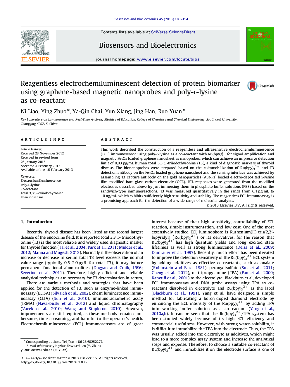 Reagentless electrochemiluminescent detection of protein biomarker using graphene-based magnetic nanoprobes and poly-l-lysine as co-reactant