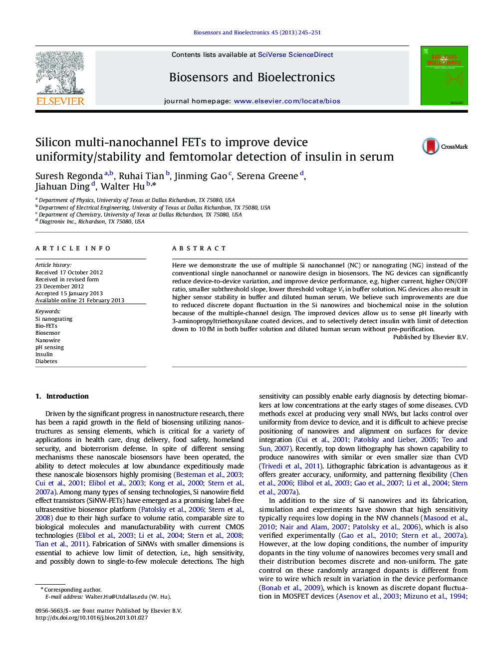 Silicon multi-nanochannel FETs to improve device uniformity/stability and femtomolar detection of insulin in serum