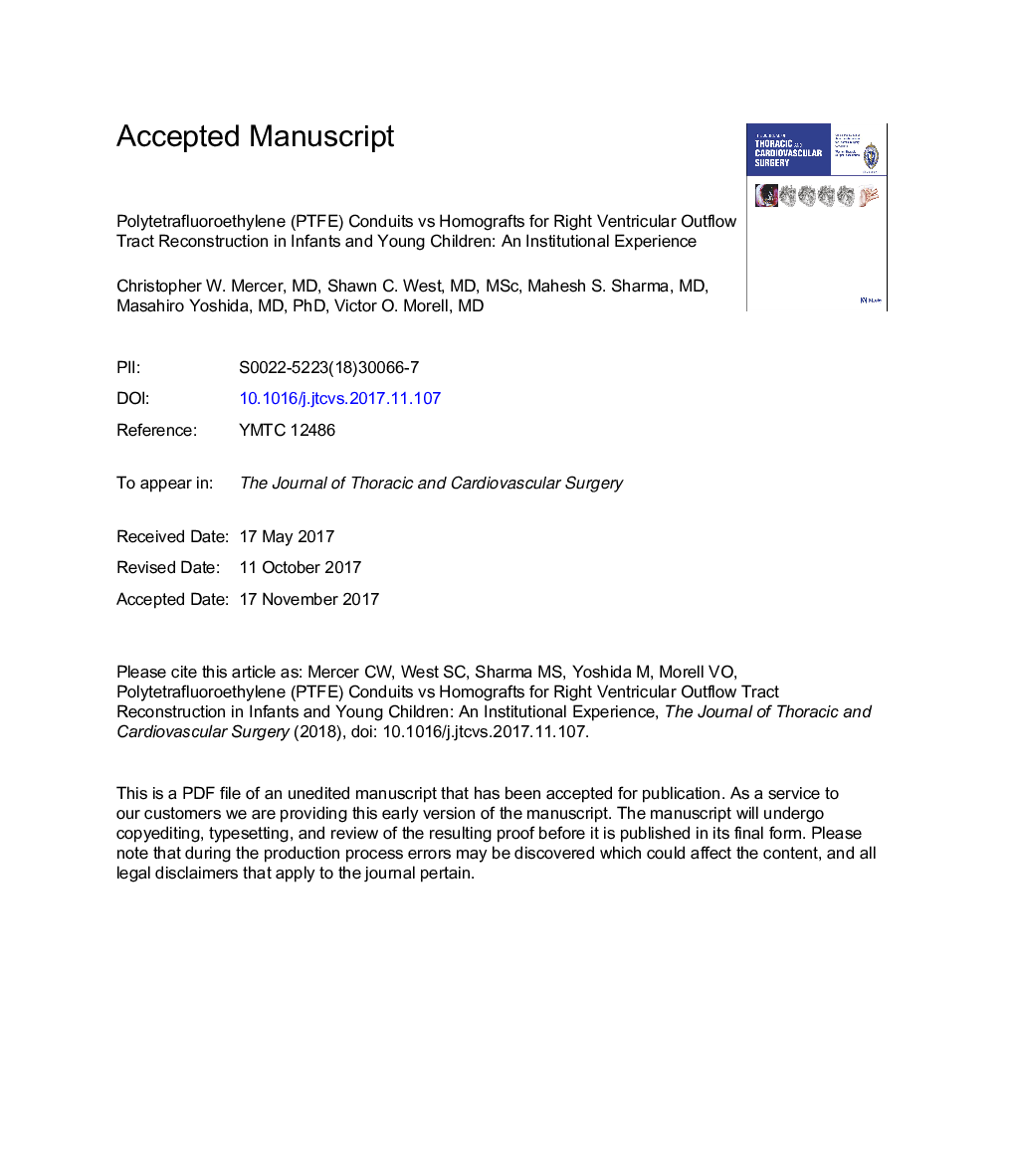 Polytetrafluoroethylene conduits versus homografts for right ventricular outflow tract reconstruction in infants and young children: An institutional experience