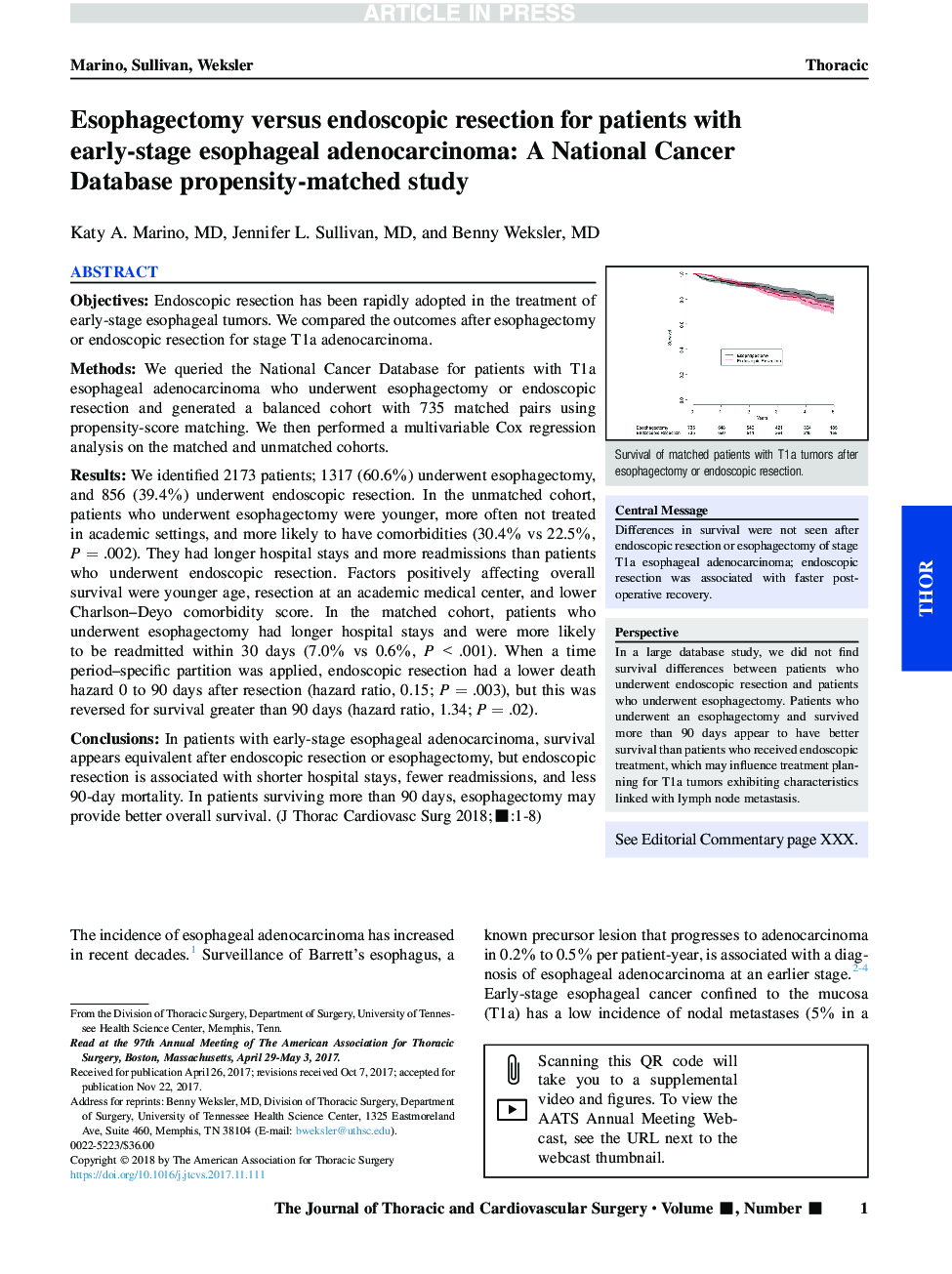 Esophagectomy versus endoscopic resection for patients with early-stage esophageal adenocarcinoma: A National Cancer Database propensity-matched study