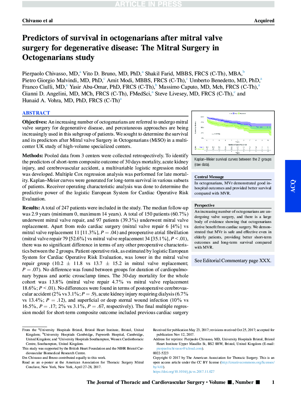 Predictors of survival in octogenarians after mitral valve surgery for degenerative disease: The Mitral Surgery in Octogenarians study