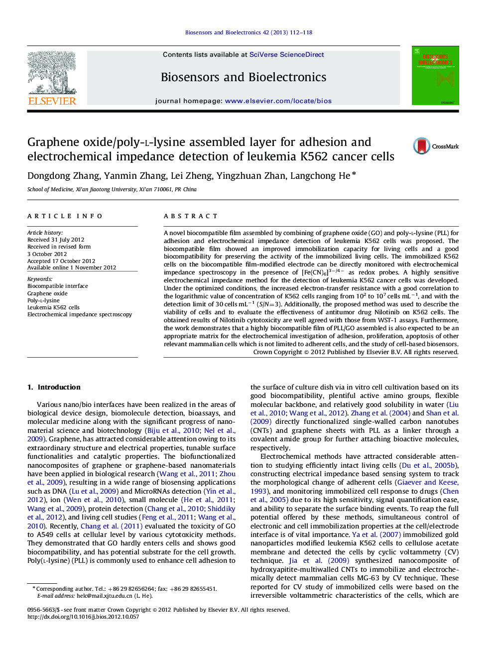 Graphene oxide/poly-l-lysine assembled layer for adhesion and electrochemical impedance detection of leukemia K562 cancercells