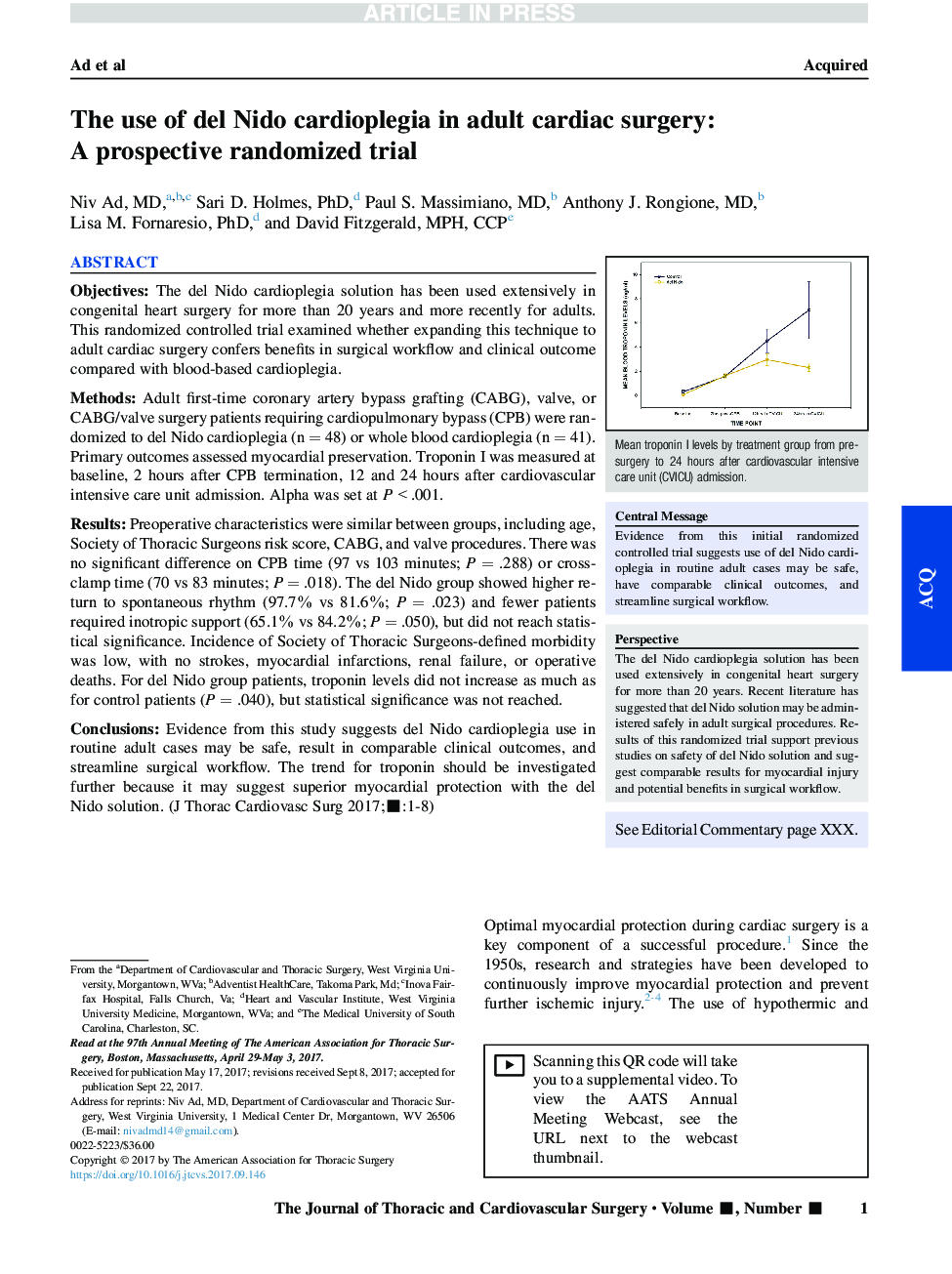 The use of del Nido cardioplegia in adult cardiac surgery: A prospective randomized trial