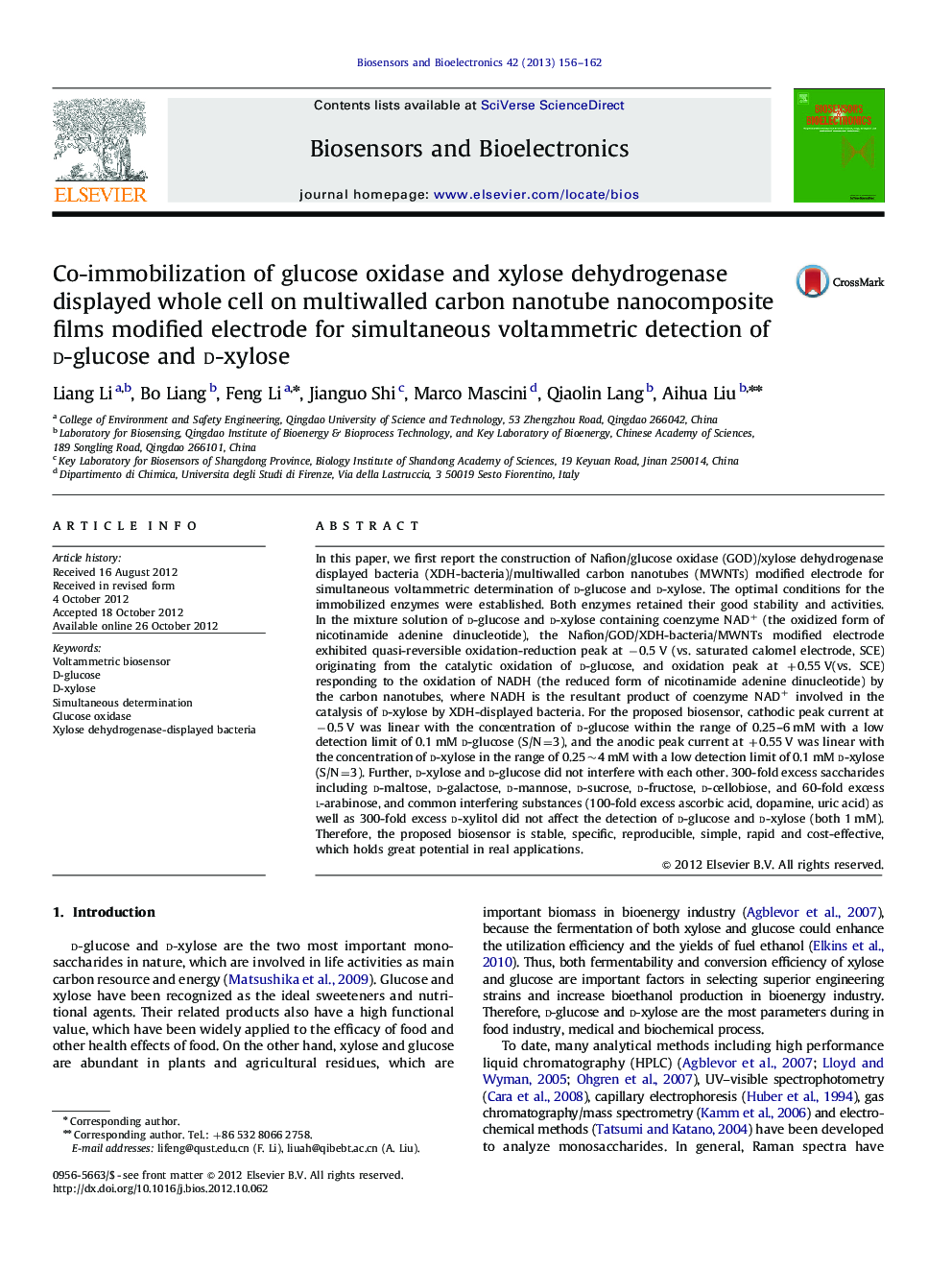 Co-immobilization of glucose oxidase and xylose dehydrogenase displayed whole cell on multiwalled carbon nanotube nanocomposite films modified electrode for simultaneous voltammetric detection of d-glucose and d-xylose