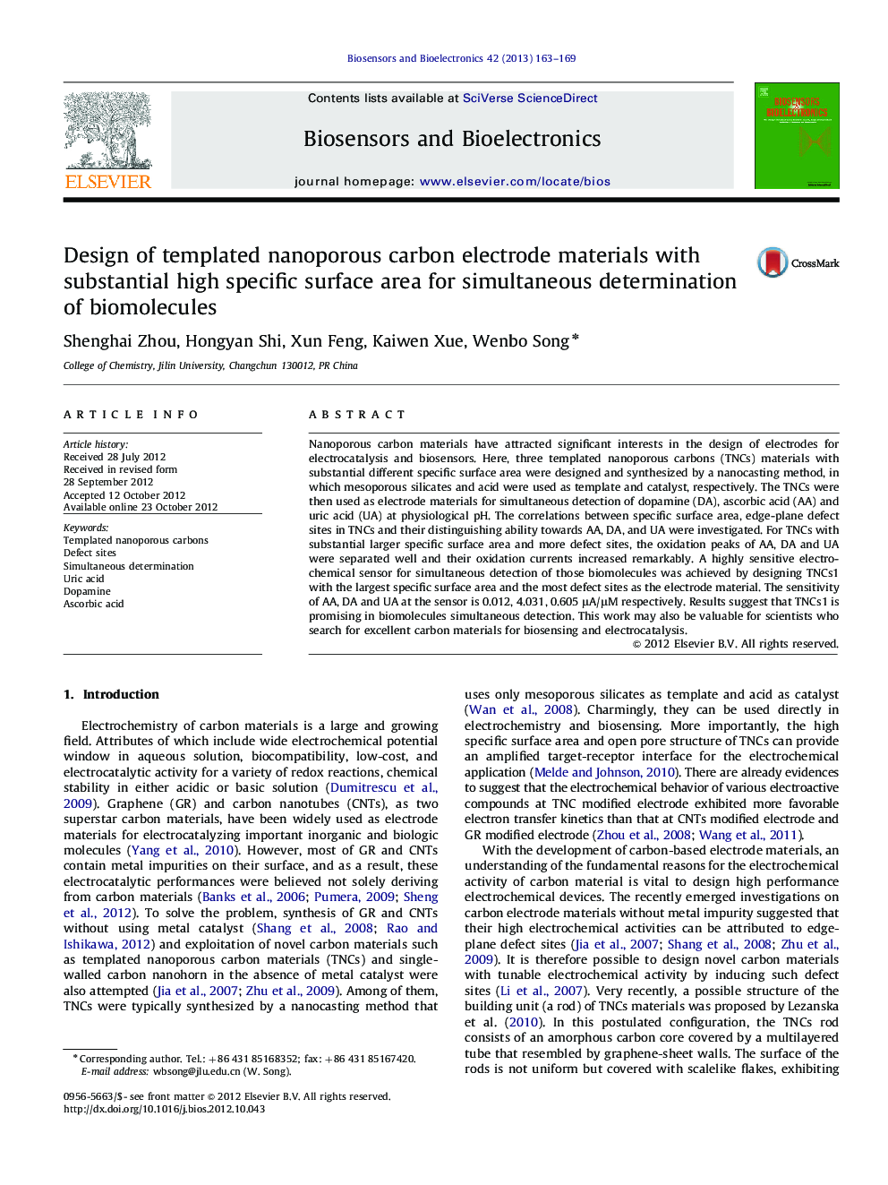 Design of templated nanoporous carbon electrode materials with substantial high specific surface area for simultaneous determination ofbiomolecules