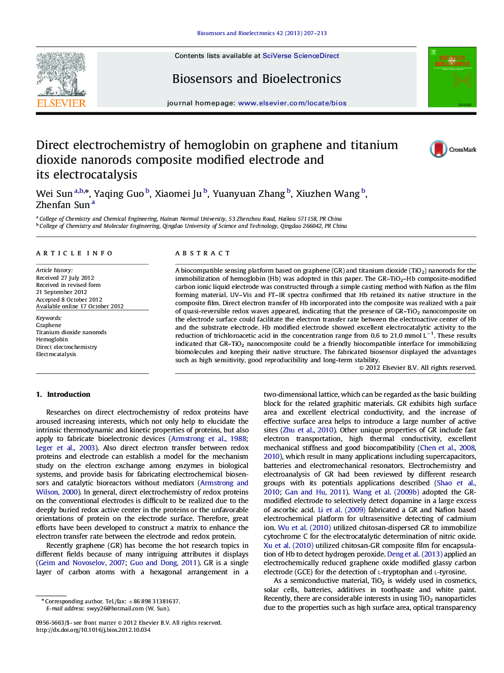 Direct electrochemistry of hemoglobin on graphene and titanium dioxide nanorods composite modified electrode and itselectrocatalysis