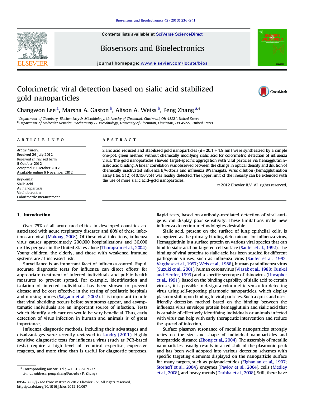 Colorimetric viral detection based on sialic acid stabilized goldnanoparticles