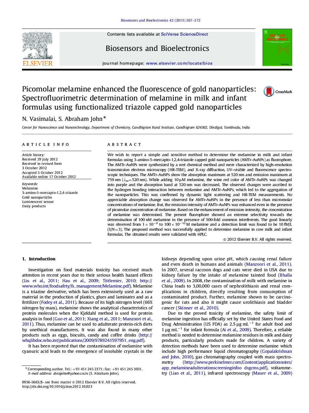 Picomolar melamine enhanced the fluorescence of gold nanoparticles: Spectrofluorimetric determination of melamine in milk and infant formulas using functionalized triazole capped goldnanoparticles