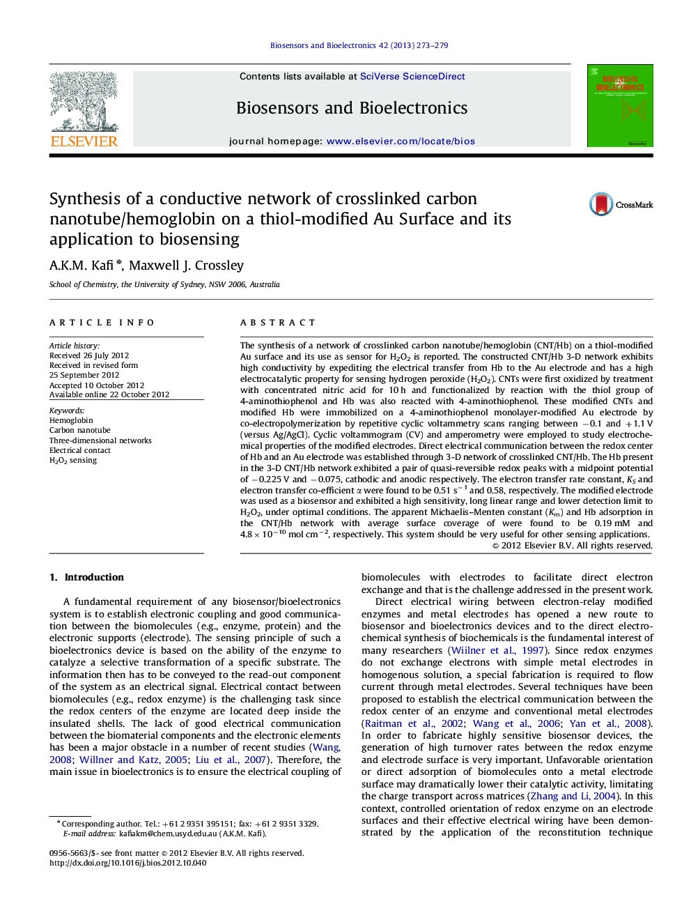 Synthesis of a conductive network of crosslinked carbon nanotube/hemoglobin on a thiol-modified Au Surface and its application to biosensing