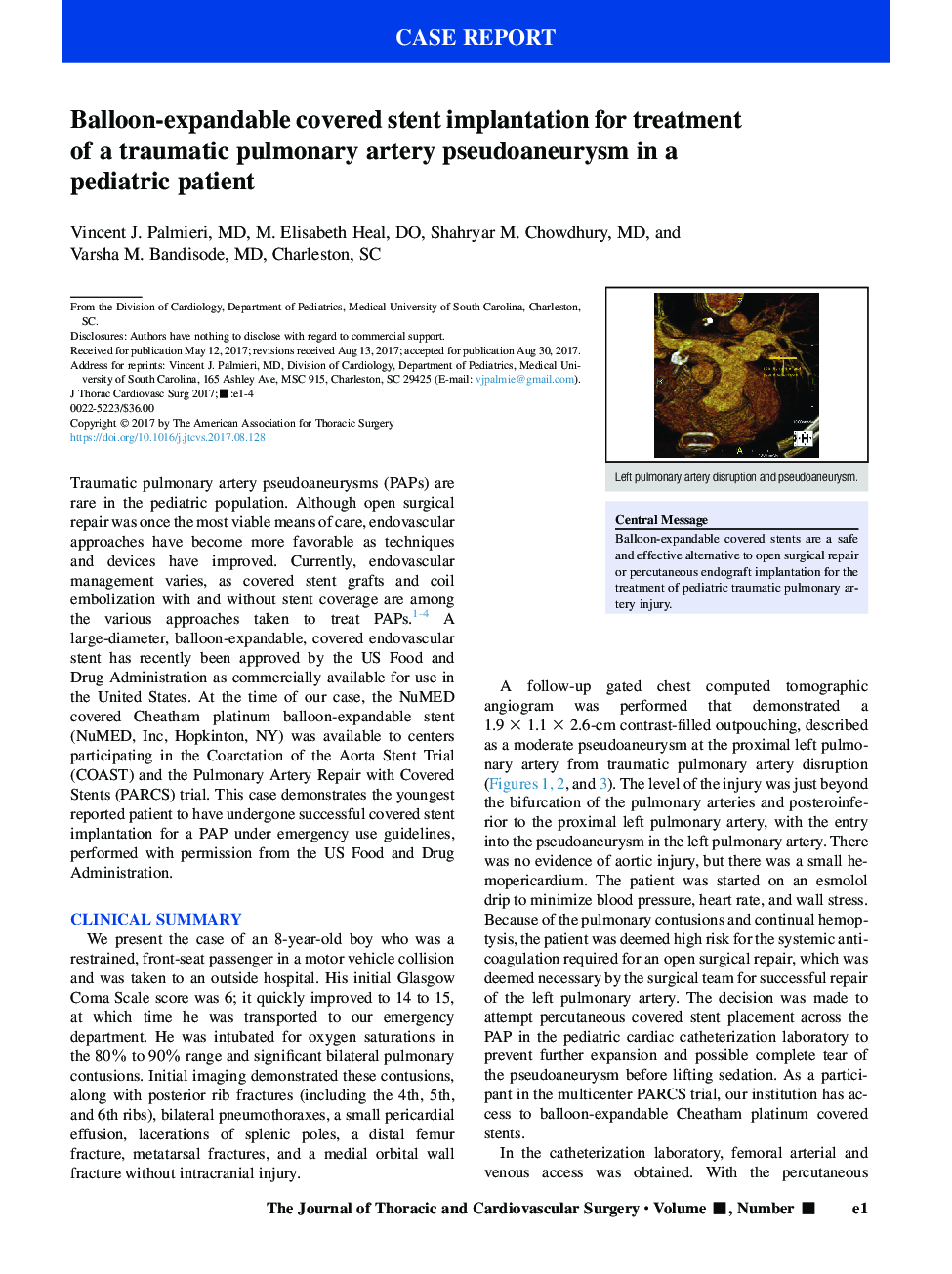 Balloon-expandable covered stent implantation for treatment of a traumatic pulmonary artery pseudoaneurysm in a pediatric patient