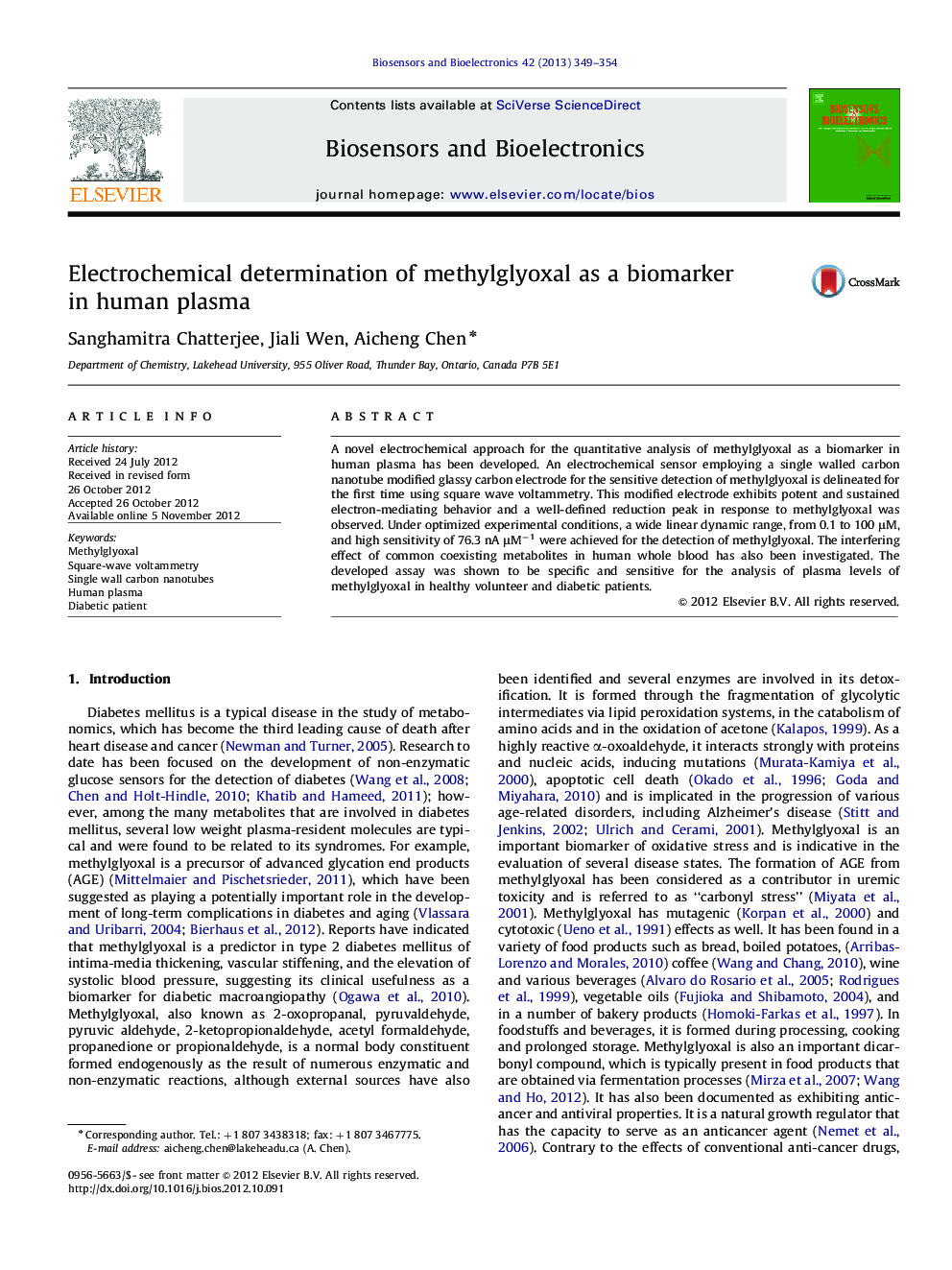 Electrochemical determination of methylglyoxal as a biomarker in humanplasma