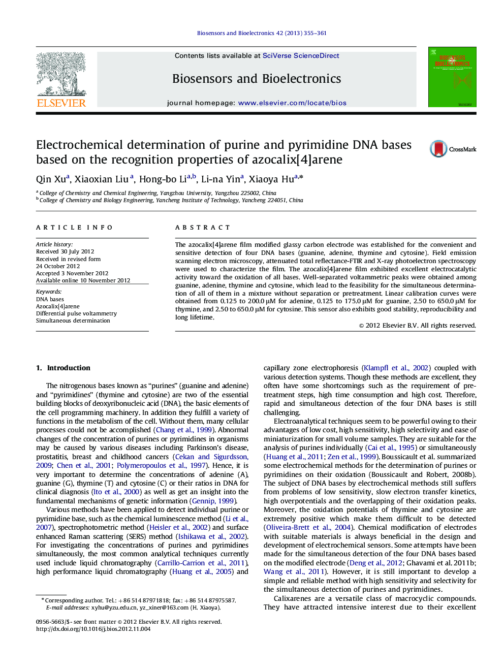 Electrochemical determination of purine and pyrimidine DNA bases based on the recognition properties of azocalix[4]arene