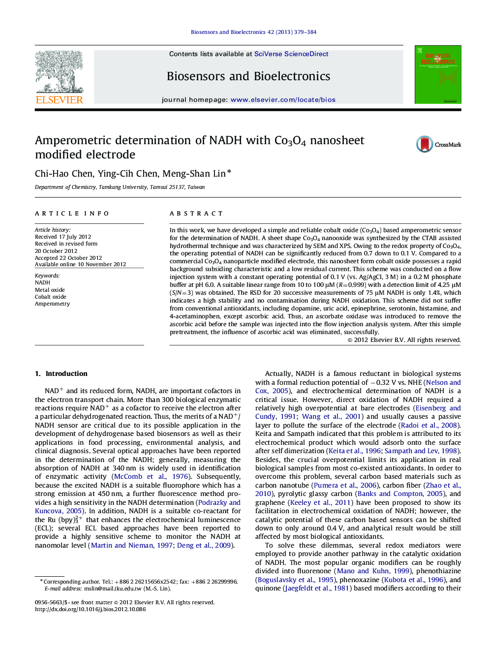 Amperometric determination of NADH with Co3O4 nanosheet modifiedelectrode