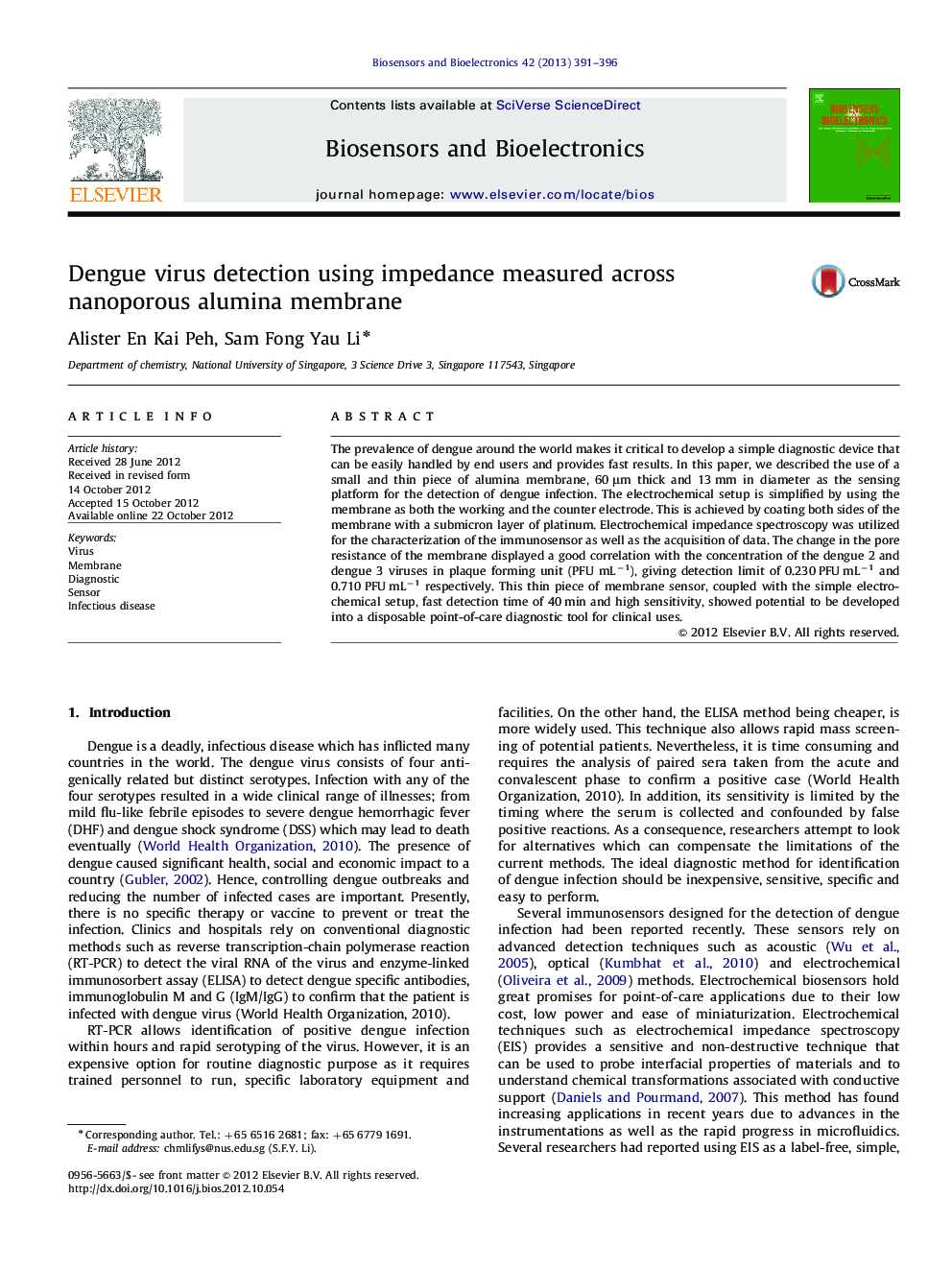 Dengue virus detection using impedance measured across nanoporous aluminamembrane