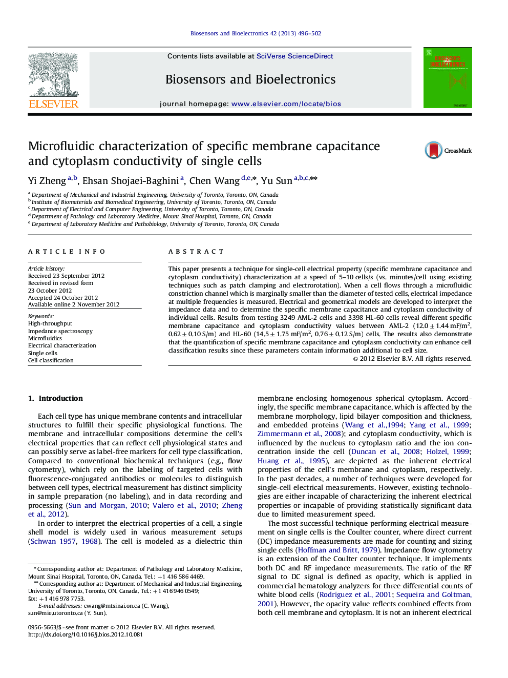 Microfluidic characterization of specific membrane capacitance and cytoplasm conductivity of singlecells