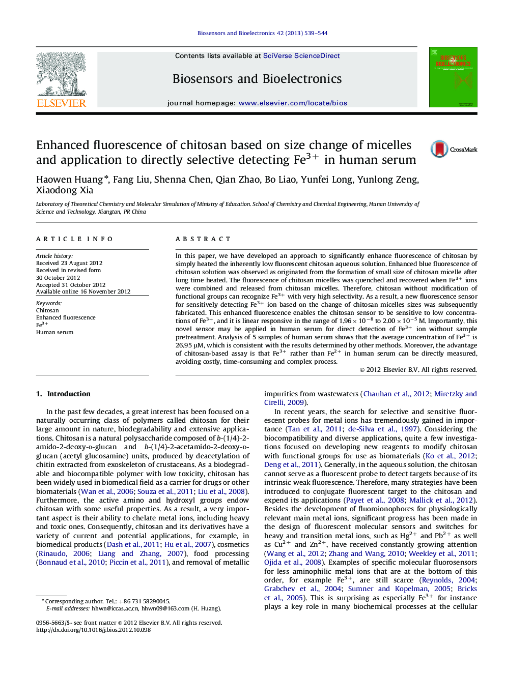 Enhanced fluorescence of chitosan based on size change of micelles and application to directly selective detecting Fe3+ in humanserum