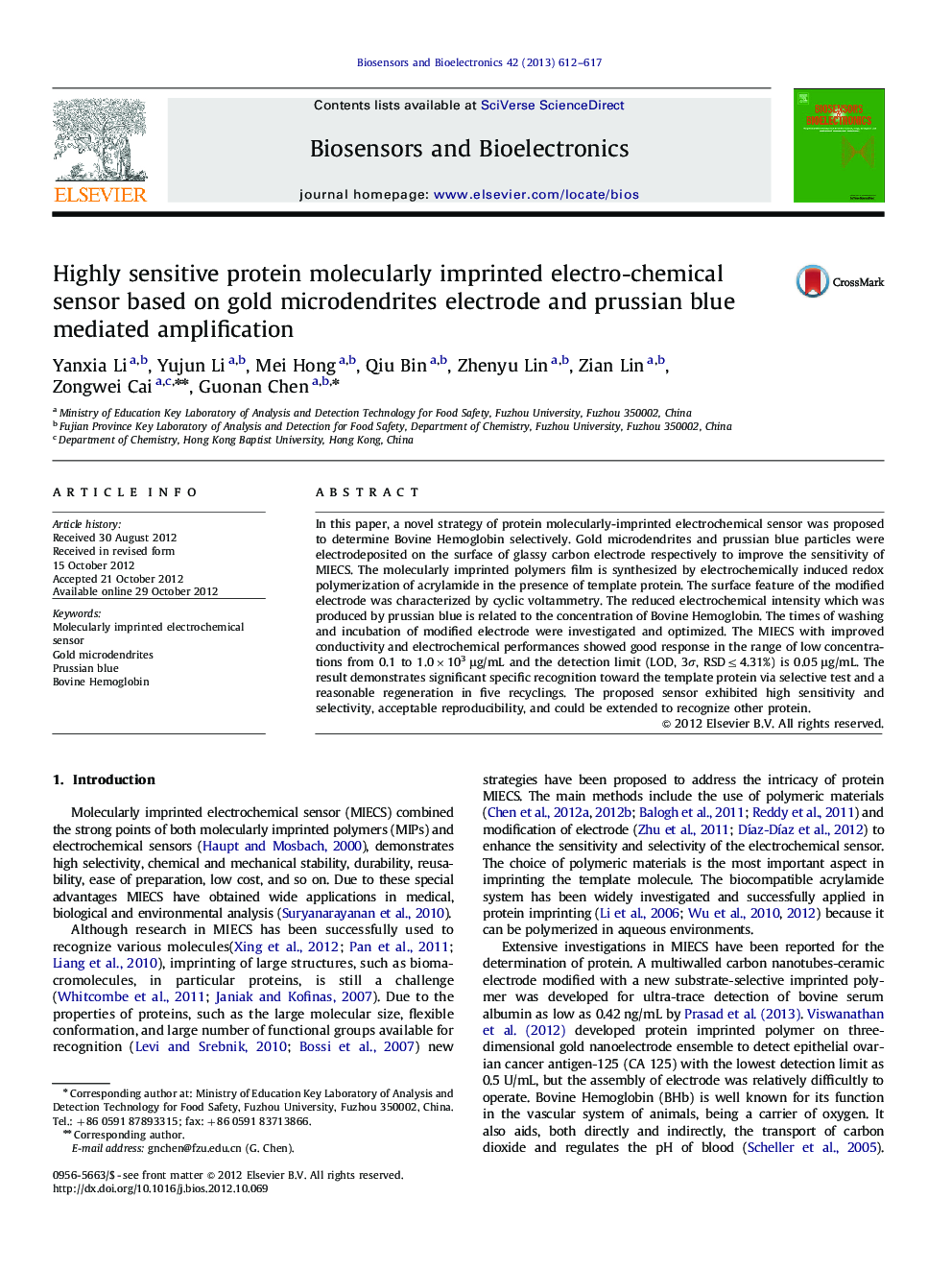 عکس صفحه اول مقاله: Highly sensitive protein molecularly imprinted electro-chemical sensor based on gold microdendrites electrode and prussian blue mediatedamplification Highly sensitive protein molecularly imprinted electro-chemical sensor based on gold microdendrites electrode and prussian blue mediatedamplification