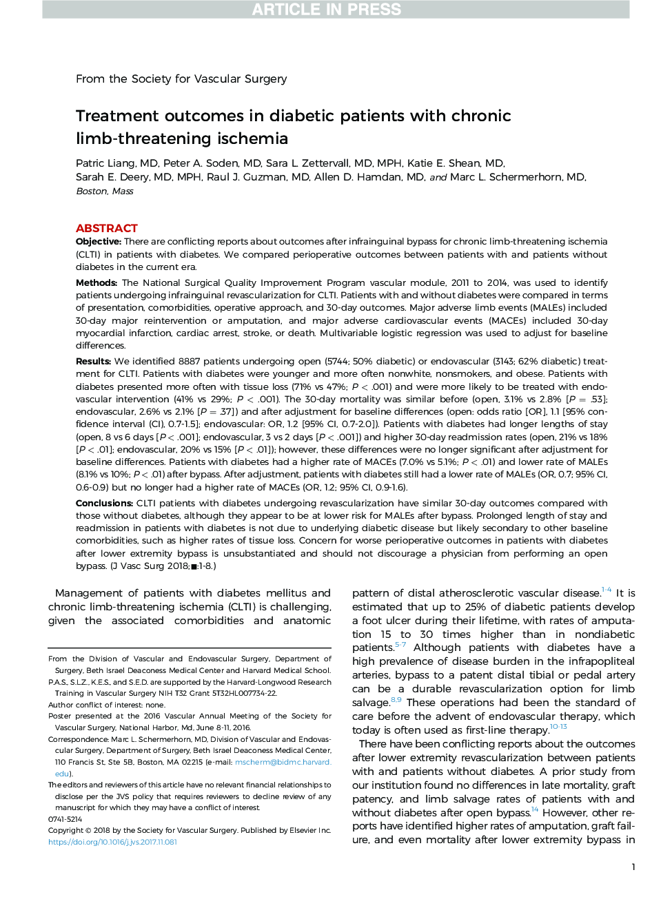 Treatment outcomes in diabetic patients with chronic limb-threatening ischemia