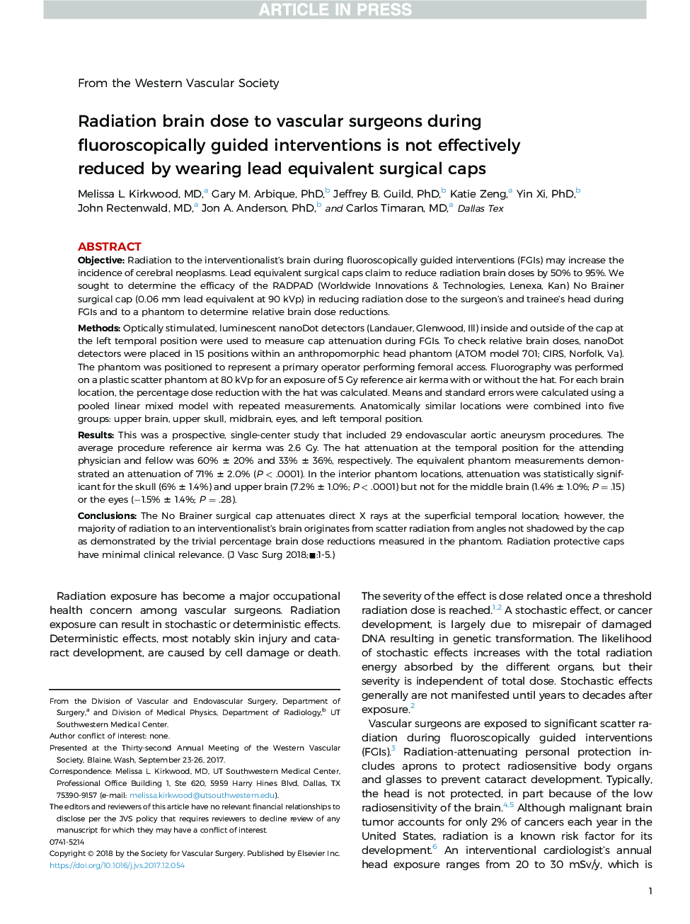 Radiation brain dose to vascular surgeons during fluoroscopically guided interventions is not effectively reduced by wearing lead equivalent surgical caps