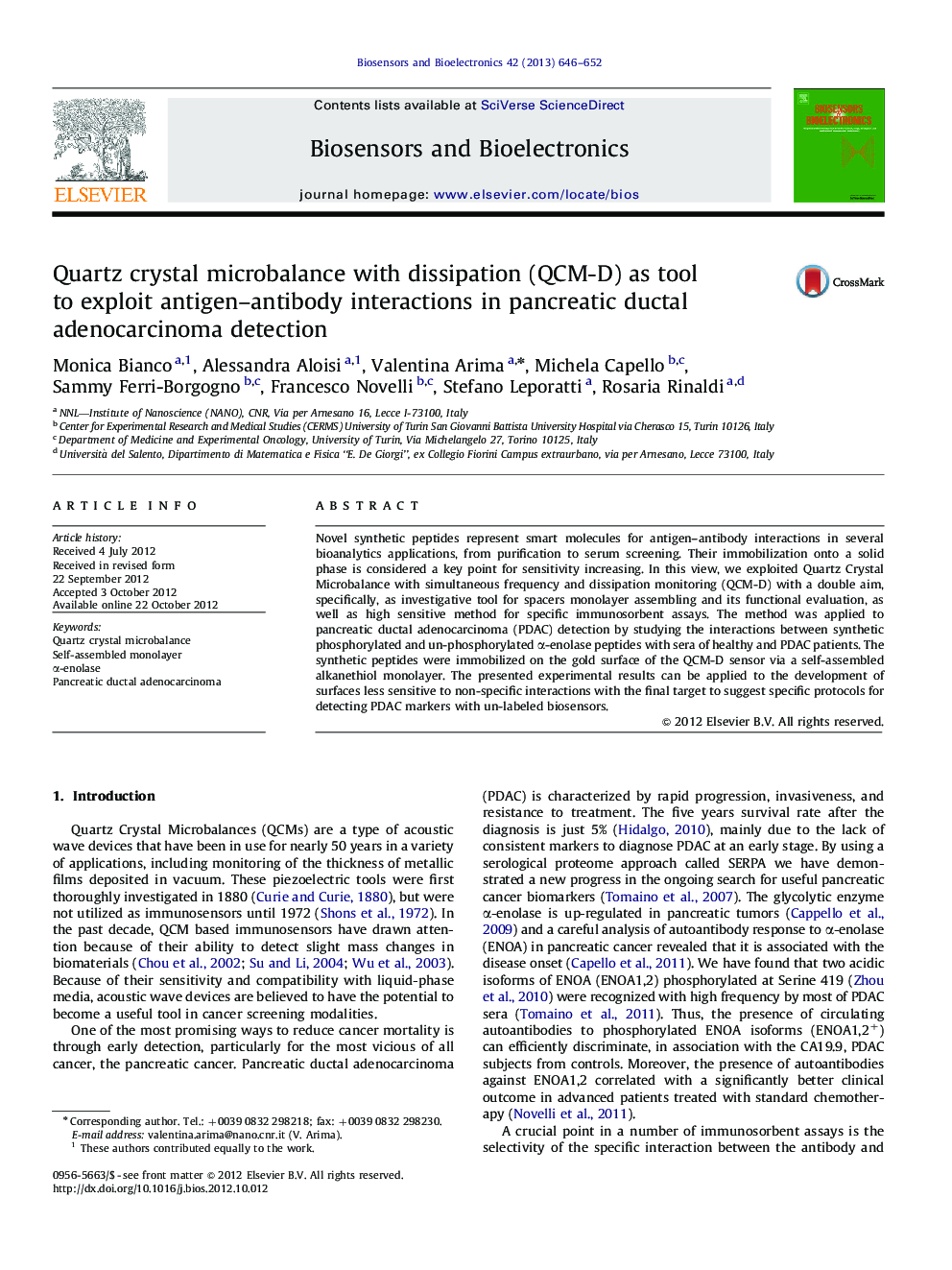 عکس صفحه اول مقاله: Quartz crystal microbalance with dissipation (QCM-D) as tool to exploit antigen–antibody interactions in pancreatic ductal adenocarcinomadetection Quartz crystal microbalance with dissipation (QCM-D) as tool to exploit antigen–antibody interactions in pancreatic ductal adenocarcinomadetection