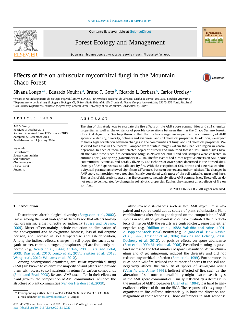 Effects of fire on arbuscular mycorrhizal fungi in the Mountain Chaco Forest