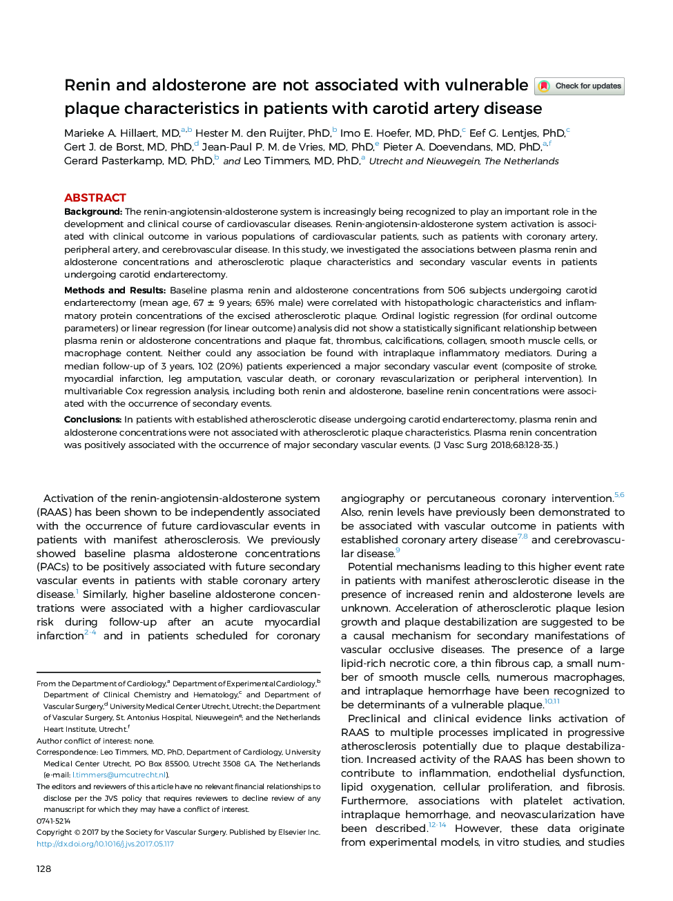 Renin and aldosterone are not associated with vulnerable plaque characteristics in patients with carotid artery disease