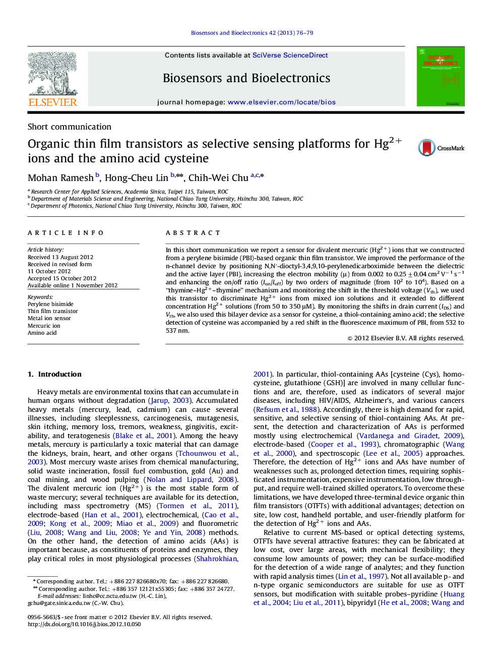 Organic thin film transistors as selective sensing platforms for Hg2+ ions and the amino acidcysteine