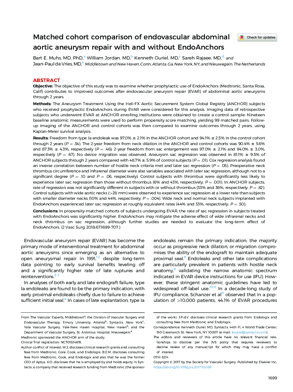 Matched cohort comparison of endovascular abdominal aortic aneurysm repair with and without EndoAnchors