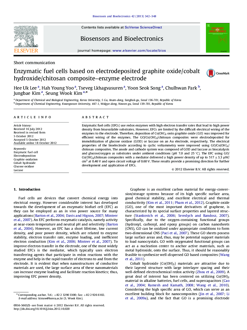 Enzymatic fuel cells based on electrodeposited graphite oxide/cobalt hydroxide/chitosan composite–enzymeelectrode