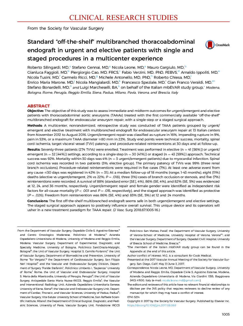 Standard “off-the-shelf” multibranched thoracoabdominal endograft in urgent and elective patients with single and staged procedures in a multicenter experience