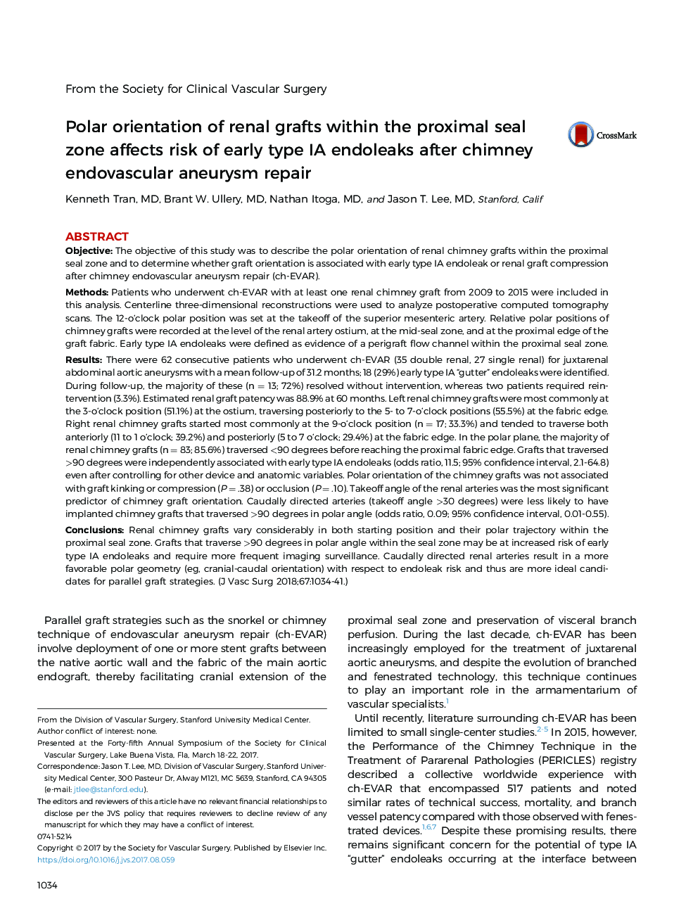 Polar orientation of renal grafts within the proximal seal zone affects risk of early type IA endoleaks after chimney endovascular aneurysm repair