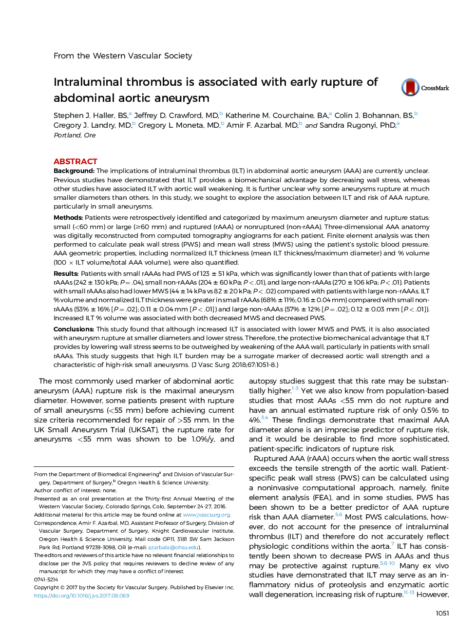 Intraluminal thrombus is associated with early rupture of abdominal aortic aneurysm