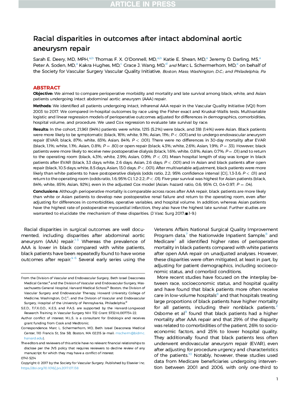 Racial disparities in outcomes after intact abdominal aortic aneurysm repair