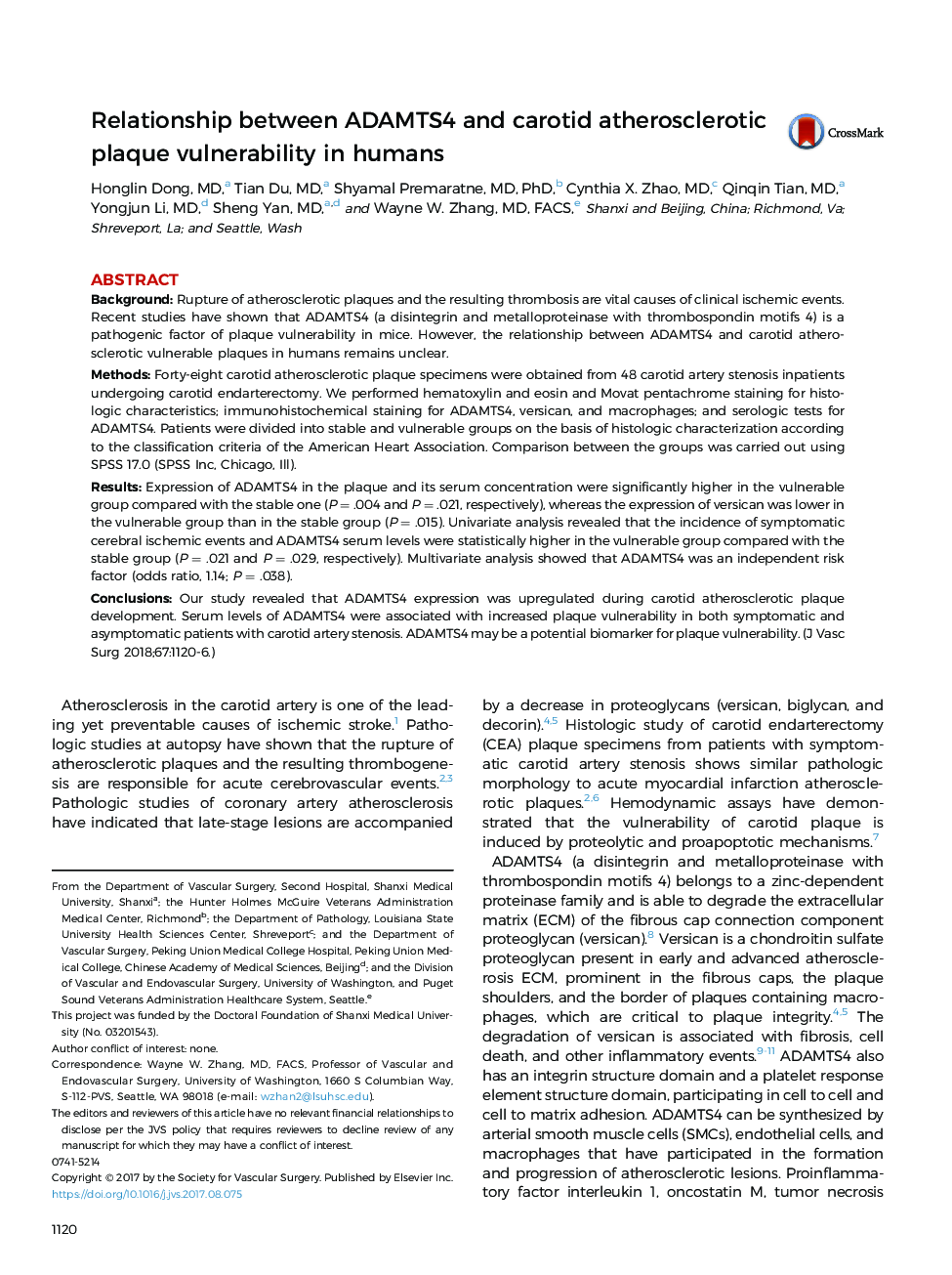 Relationship between ADAMTS4 and carotid atherosclerotic plaque vulnerability in humans